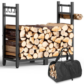 Brightown 34 inch firewood rack, front view outdoors, spacious storage for long firewood loads.
