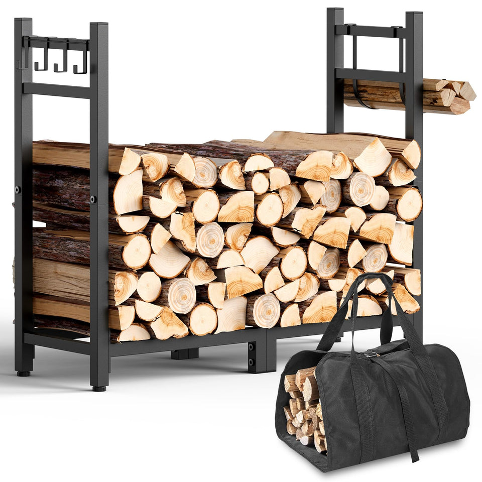 Brightown 34 inch firewood rack, front view outdoors, spacious storage for long firewood loads.