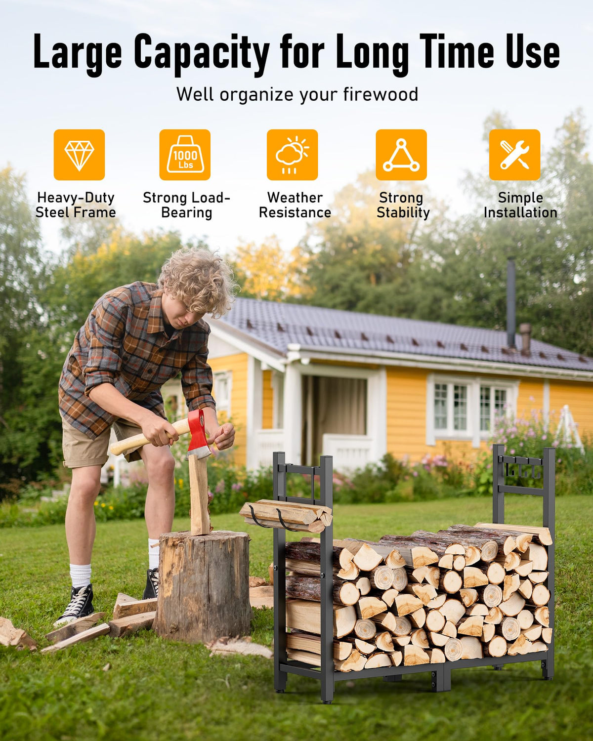 Brightown firewood rack assembly view with parts included for quick setup.