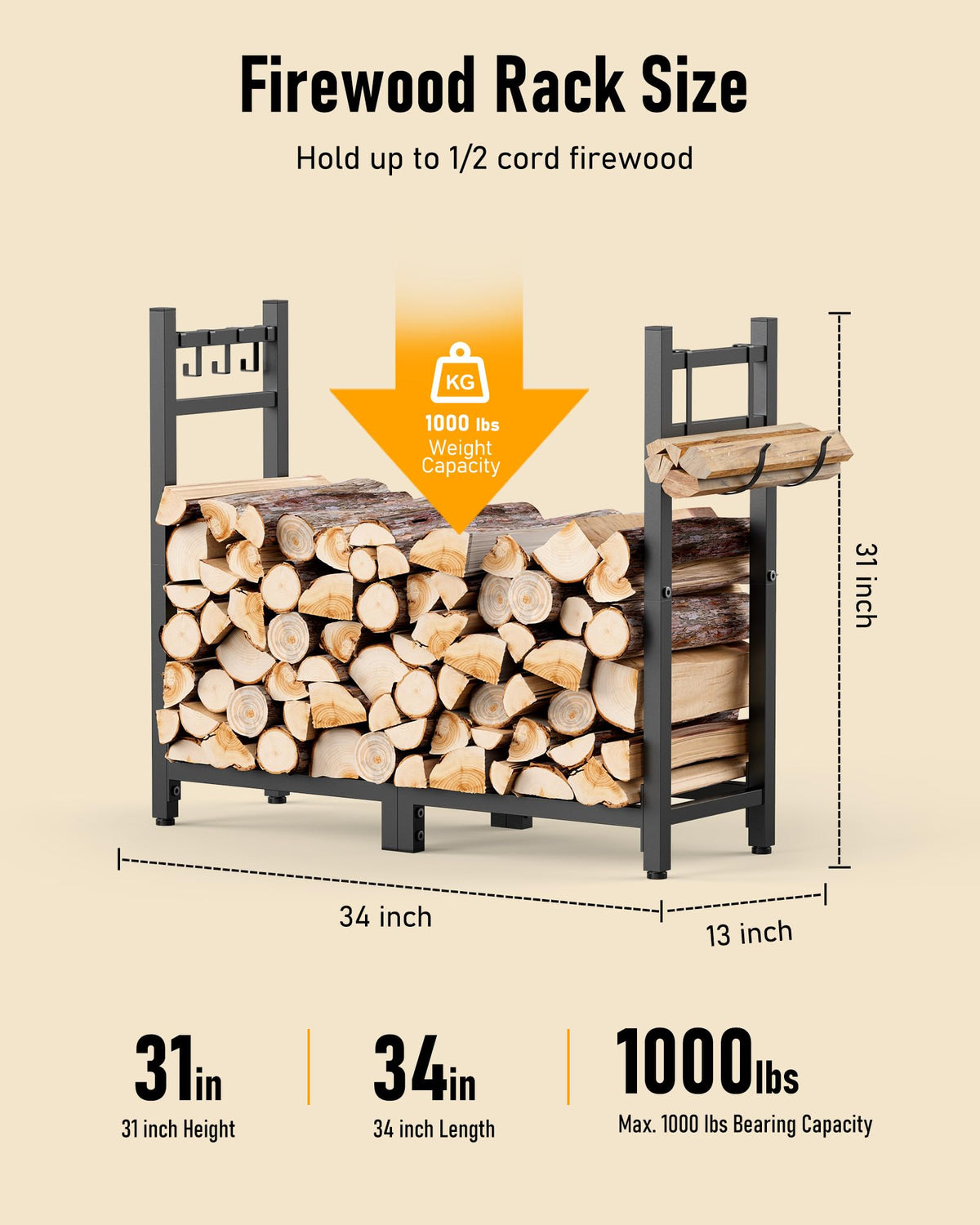 Brightown firewood rack with tool hooks and accessories for convenient storage.
