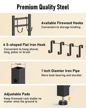 Brightown firewood rack with kindling hooks for organizing small fuels and kindling.