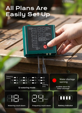 Brightown Solar Drip Control Panel LCD shows battery and settings at a glance.