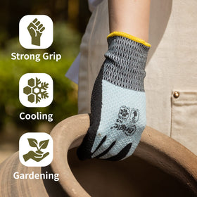 Brigic gloves with smart-touch fingertips for easy smartphone use during gardening.