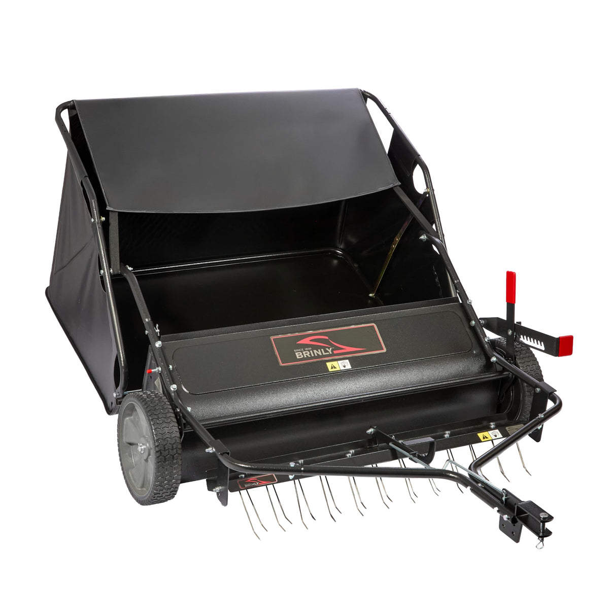 Brinly 42inch tow-behind lawn sweeper ready to collect leaves