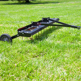 Brinly dethatcher easy assembly setup shows quick attachment to mower