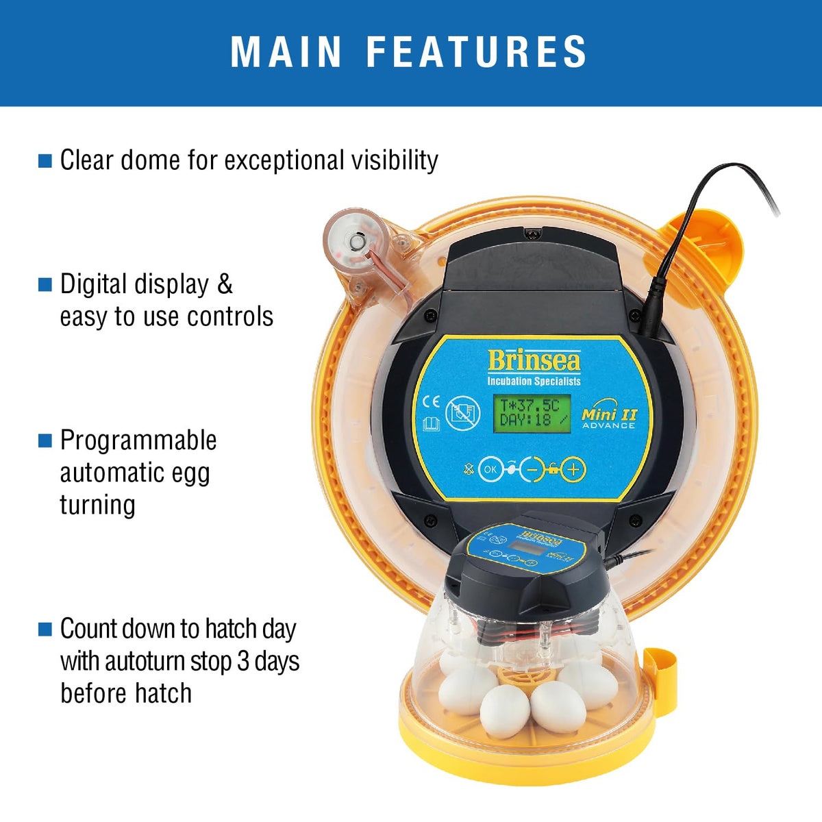 Brinsea Mini II Advance digital display showing temperature and days to hatch at a glance