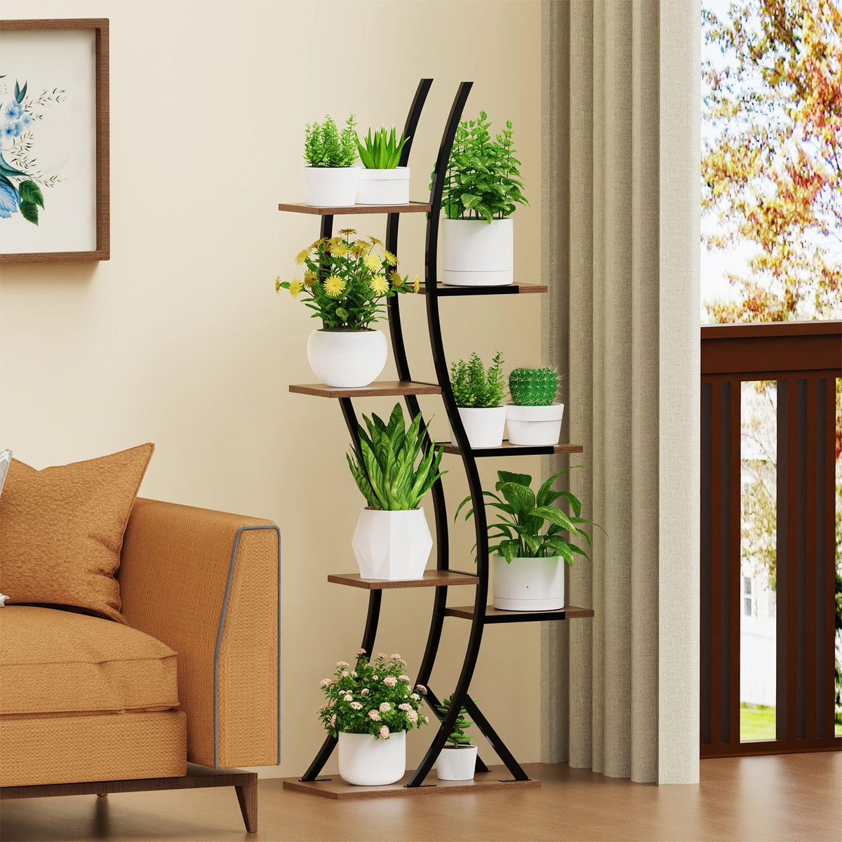 BRITEWAVE 7-tier plant shelf displays a variety of pots in a tall, organized setup.