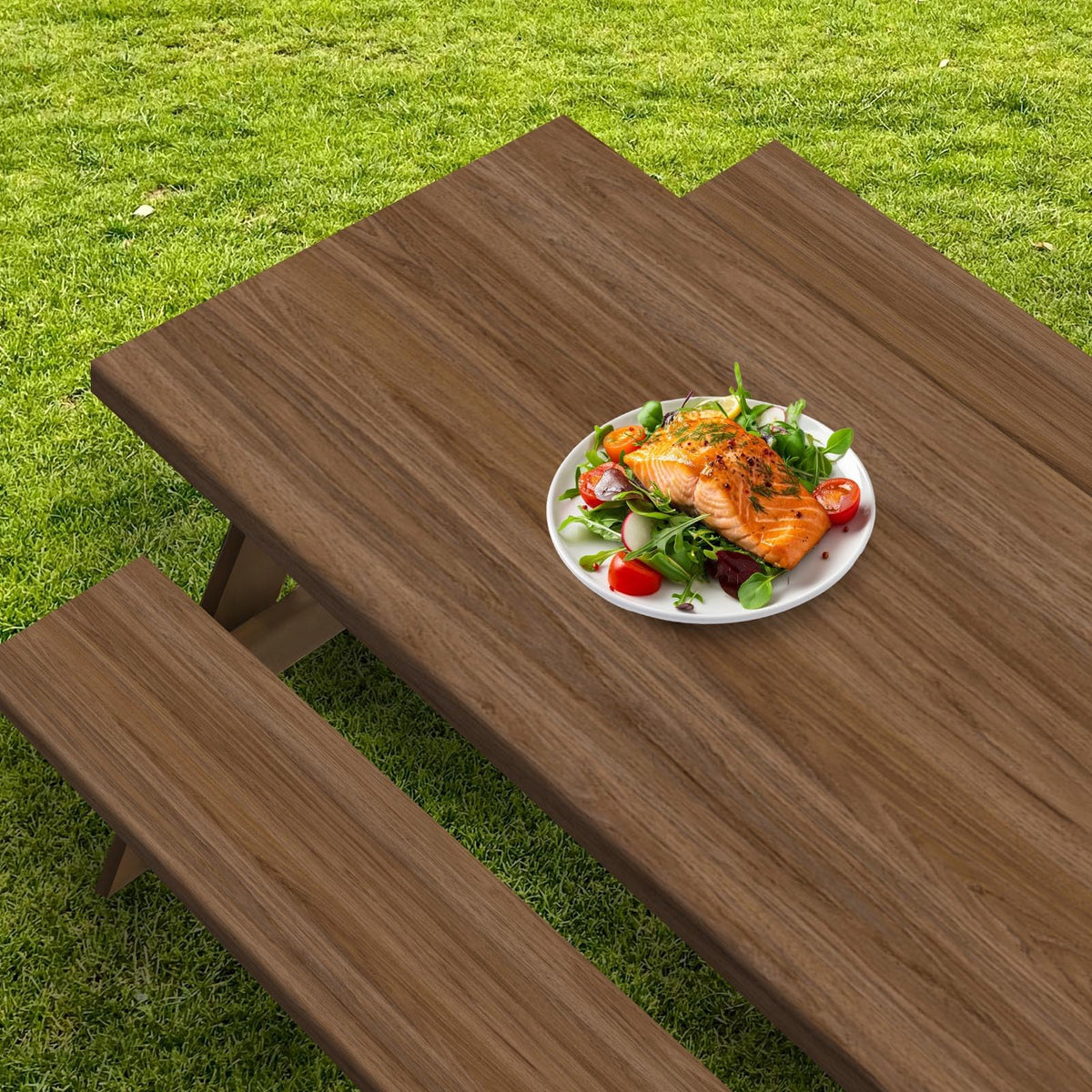Britown 72-inch table and bench covers simplify cleanup after meals.