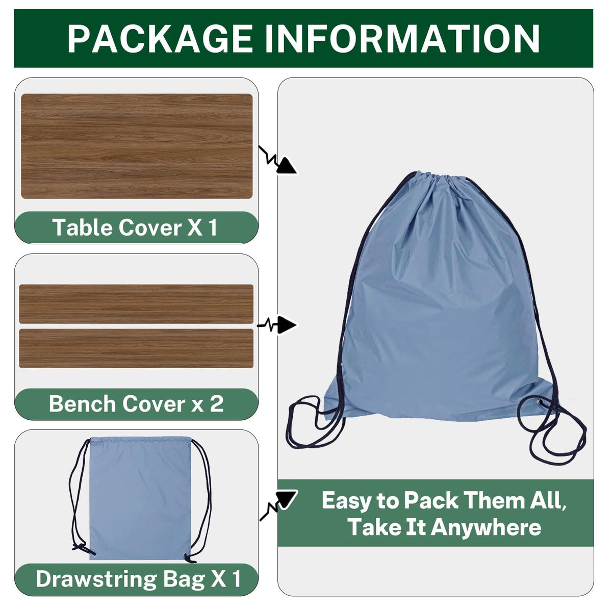 Britown drawstring bag keeps the 3-piece set compact for easy transport.