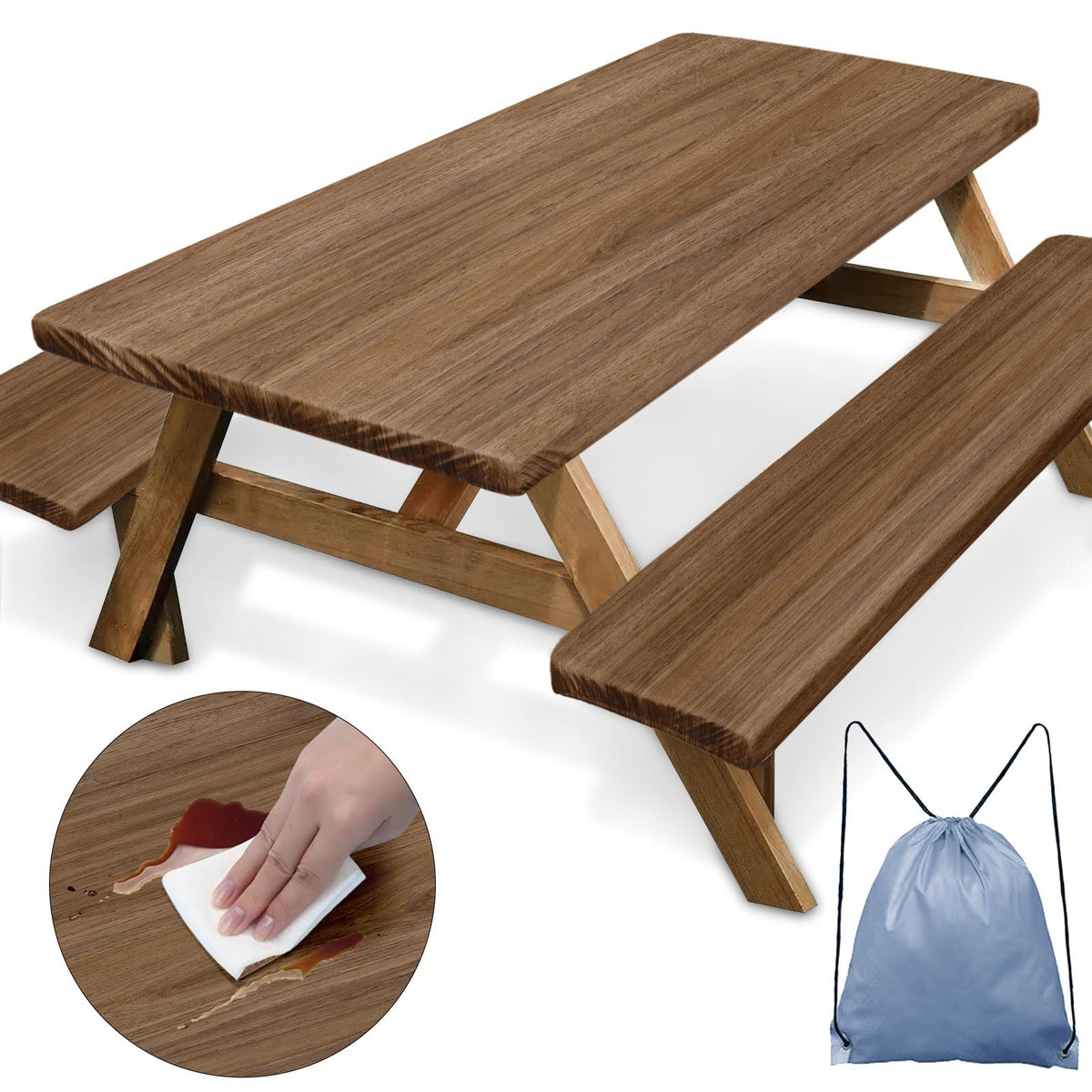 Britown picnic table cover with elastic edge keeps the table secure outdoors.