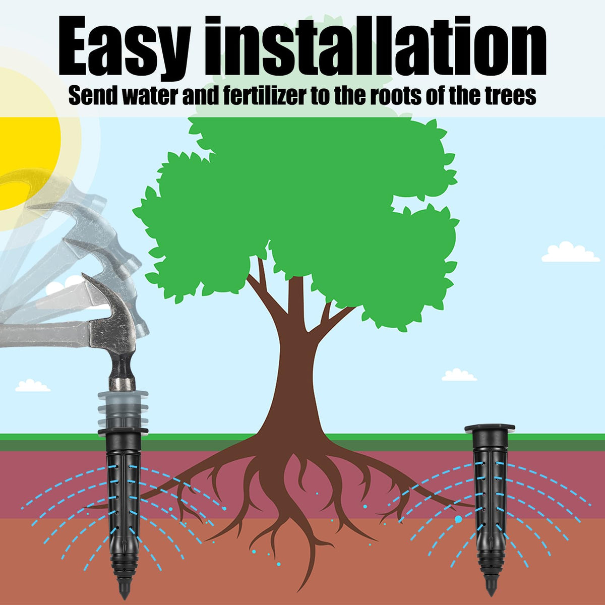 Briwooody stake compatible with automatic drip systems delivers water directly to roots.
