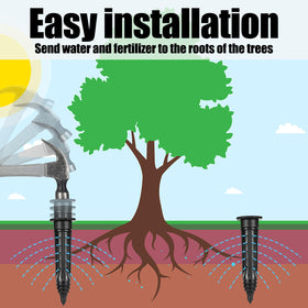 Briwooody stake compatible with automatic drip systems delivers water directly to roots.