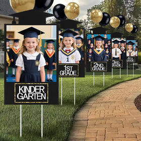Briwooody graduation yard sign collection with Kindergarten to 12th grade photo display for outdoor celebrations.