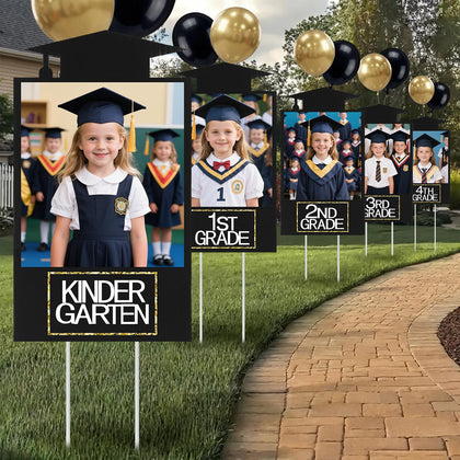 Briwooody graduation yard sign collection with Kindergarten to 12th grade photo display for outdoor celebrations.