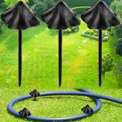 Briwooody hose guide mushroom design in a flower bed for neat watering.