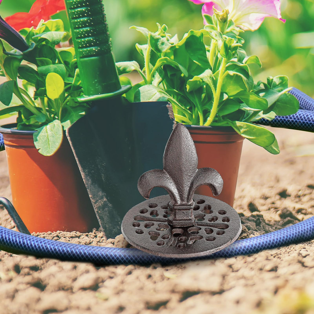 Briwooody hose guide set shown for organized outdoor watering.