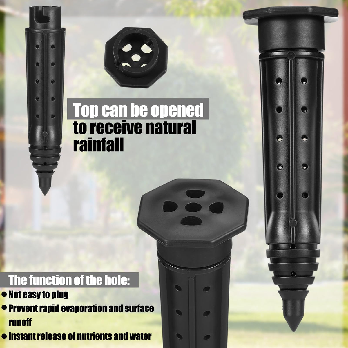 Briwooody tree and shrub watering stake enables efficient deep-root watering.