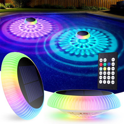 Brizled solar pool light top glow illuminates the surface for vibrant nighttime ambiance