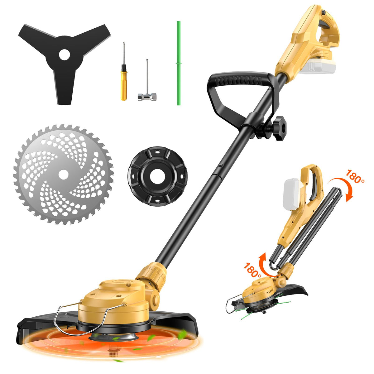 Brngeqi cordless weed wacker showing Dewalt 20V compatibility for quick yard work.