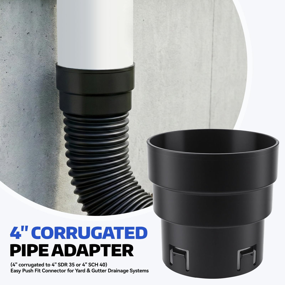 BROQIXIN corrugated-to-SDR35/SCH40 connector enables universal compatibility in home drainage.