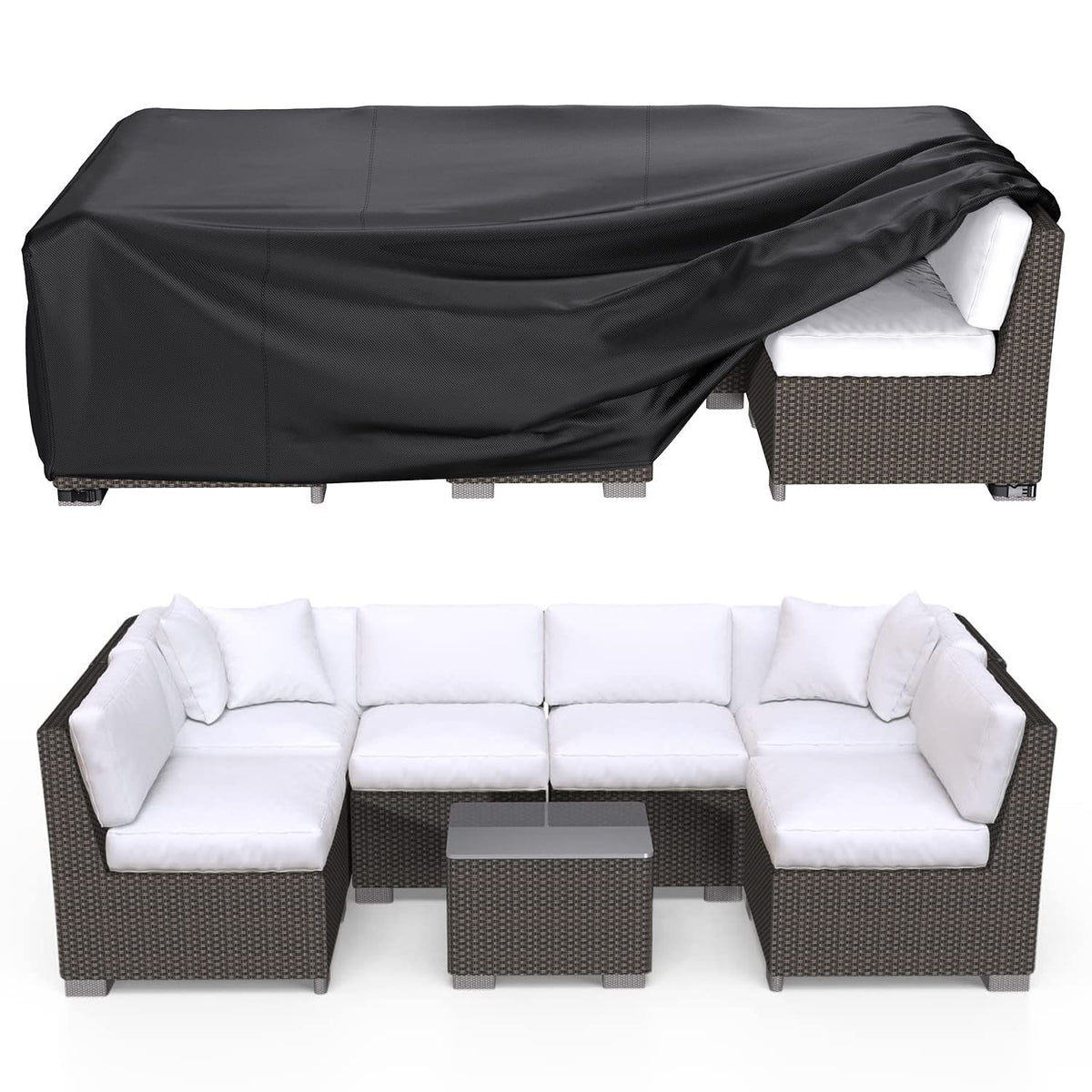 BROSYDA patio cover over a sectional set protects from rain and sun.