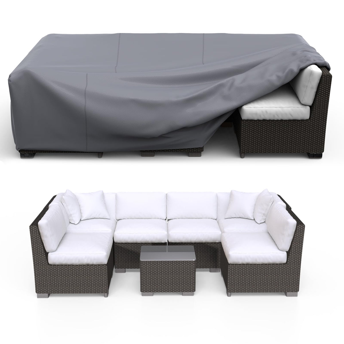 BROSYDA patio furniture cover showing universal fit for sectional sets and rectangular tables, weather protection.