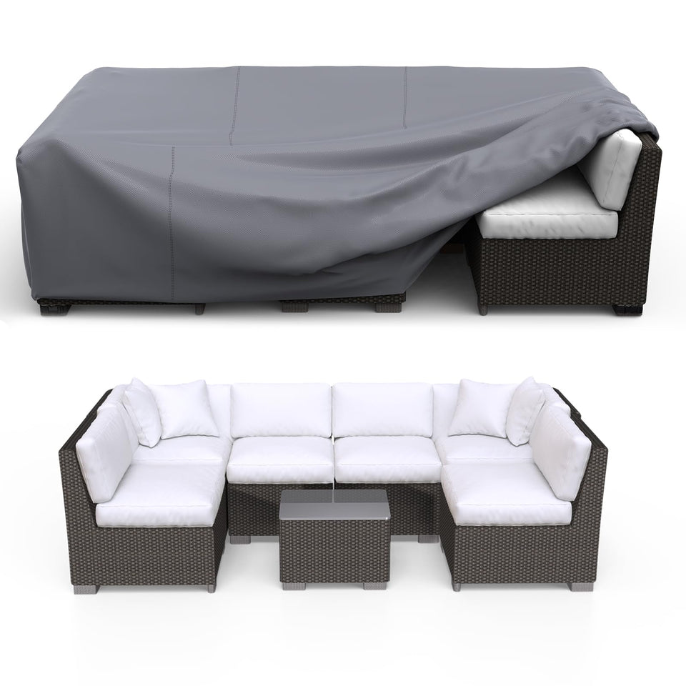 BROSYDA patio furniture cover showing universal fit for sectional sets and rectangular tables, weather protection.