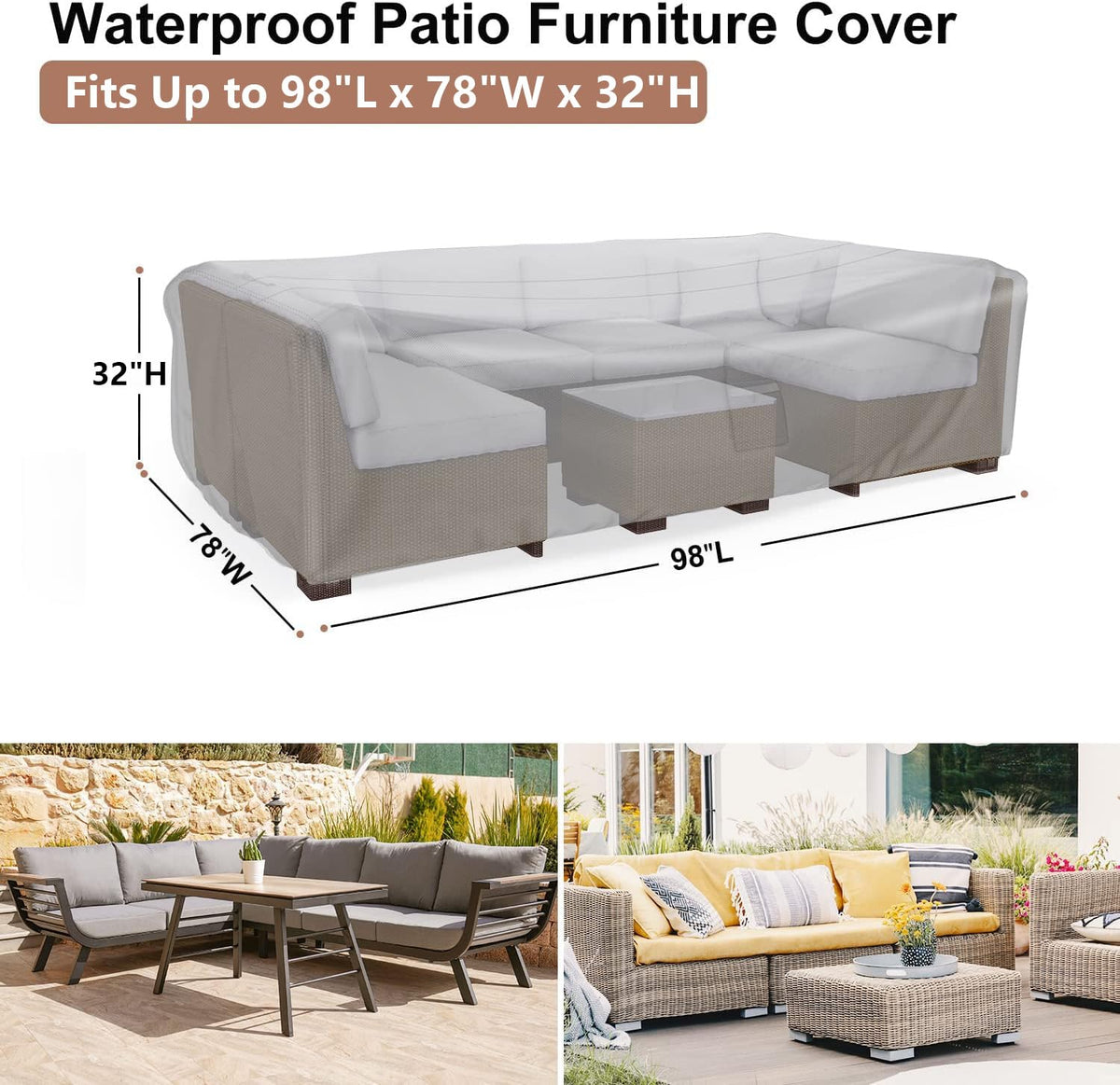 BROSYDA sectional cover sized 98 by 78 inches on a furniture set.