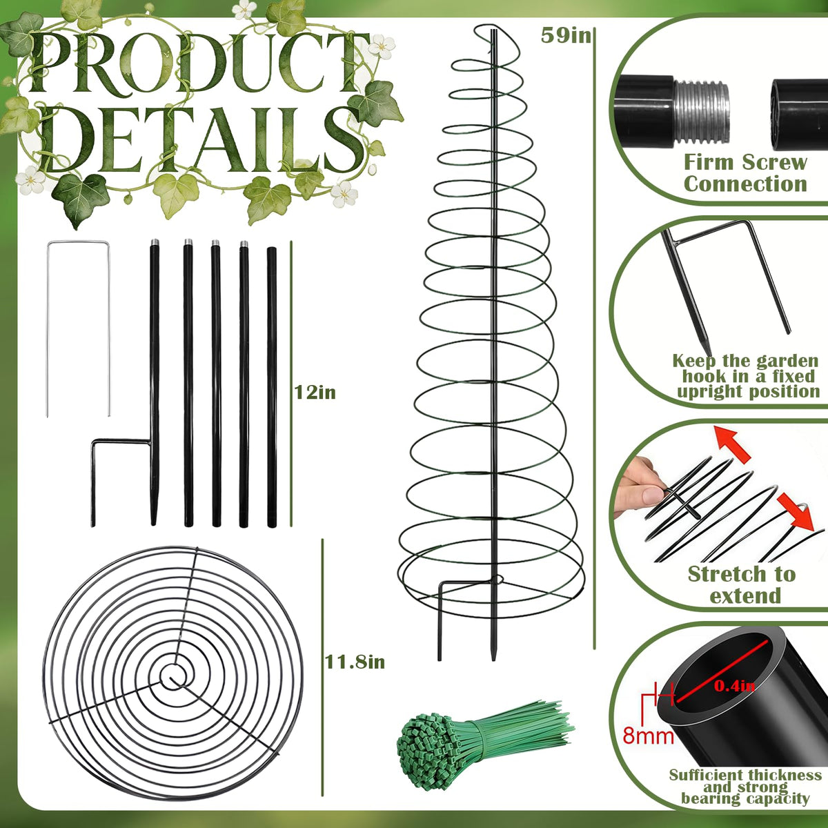 BrownKnot adjustable-height spiral trellis demonstrates range from 12 to 59 inches.