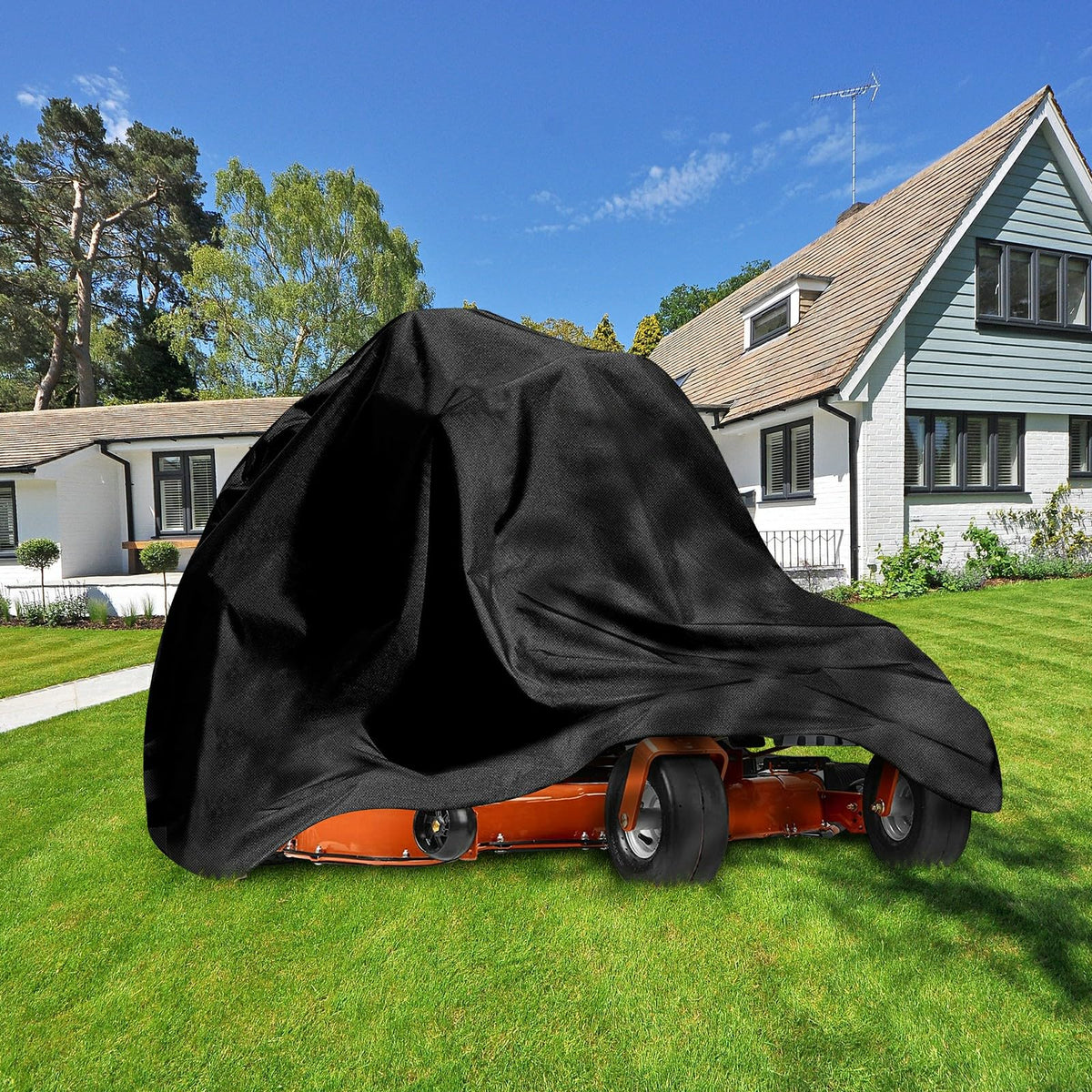 Bruwaa Zero Turn Mower Cover stored outdoors, ready for seasonal protection.