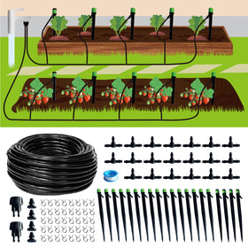 Brysage 120ft irrigation hose setup shows easy DIY installation for comprehensive plant coverage.