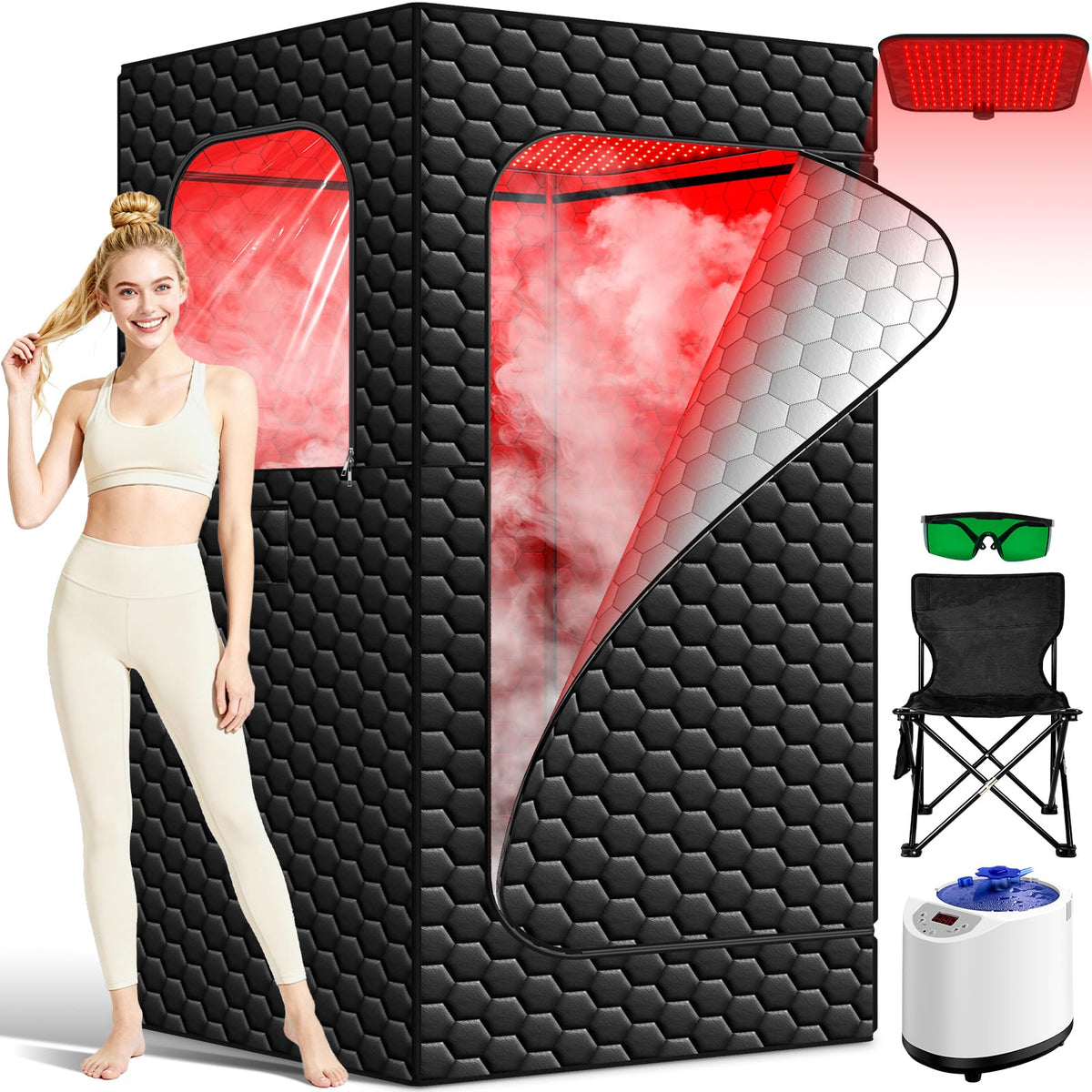 bsdonte portable infrared sauna with 160 LEDs panel boosts circulation and skin vitality at home.
