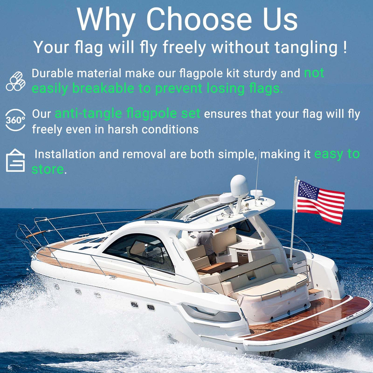 BSET MATEL quick-install flag pole in rod holder on boat