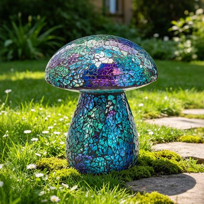 Bshine mosaic-mushroom-decor shines in sunlight, enhancing outdoor garden ambiance with colorful glass.