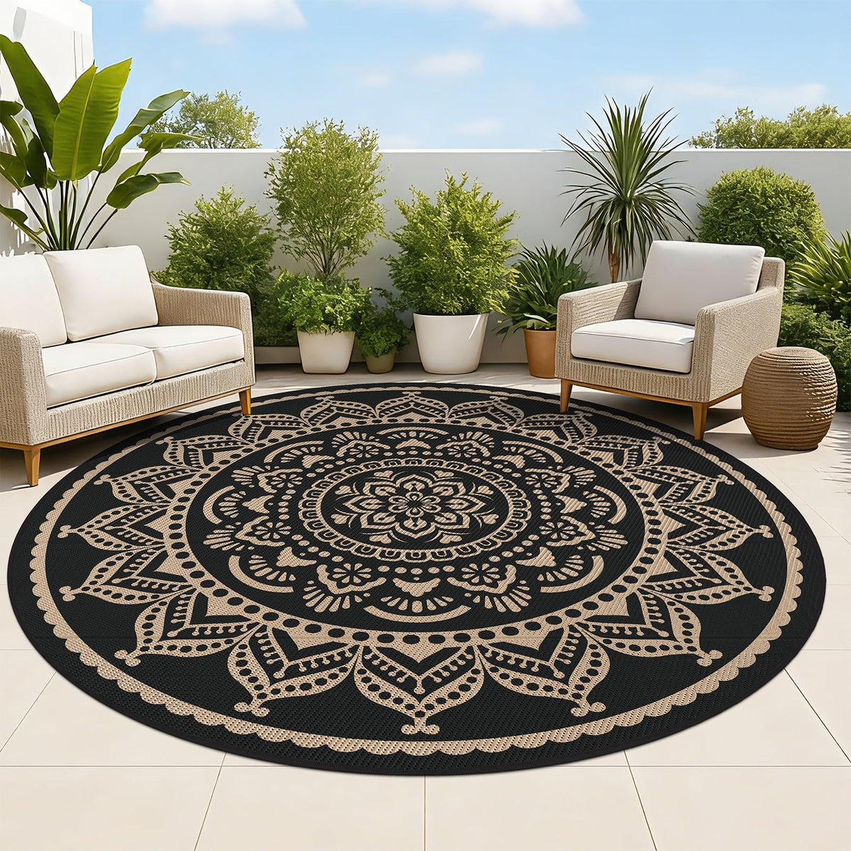 Bsmathom 8ft round waterproof rug with boho design, ideal for outdoor lounging