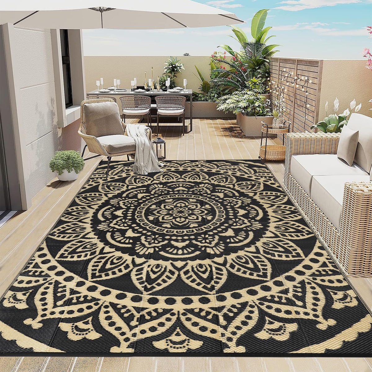 Bsmathom outdoor rug with reversible boho design for patios and decks; easy-clean.