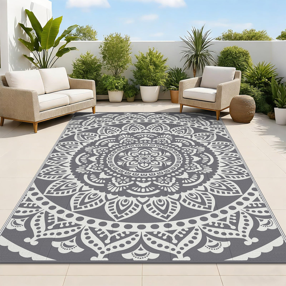 Bsmathom outdoor rug 6x9 with reversible boho pattern for patio decor.