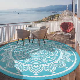 Bsmathom UV-resistant outdoor rug protects colors on sunlit patios.
