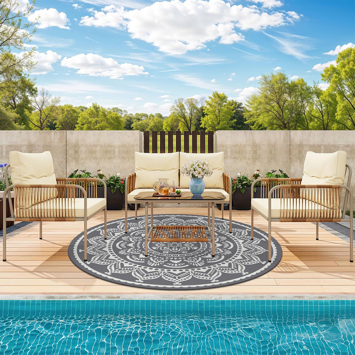 Bsmathom eco-friendly grey patio mat made from recyclable polypropylene; durable outdoors