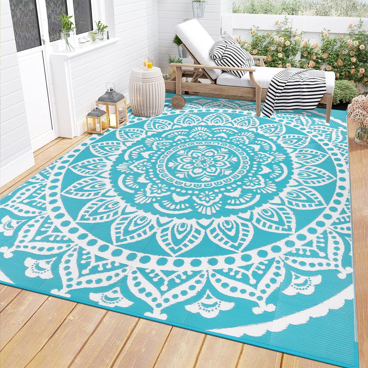 Bsmathom teal outdoor rug with reversible design for versatile patio styling