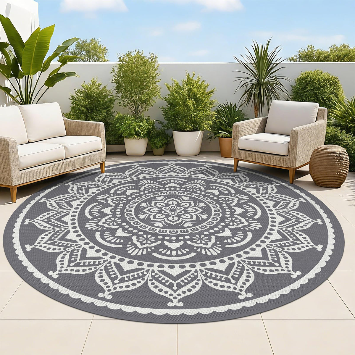 Bsmathom waterproof outdoor rug; 6ft round reversible boho design for patios and decks