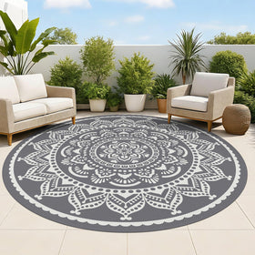 Bsmathom waterproof outdoor rug; 6ft round reversible boho design for patios and decks
