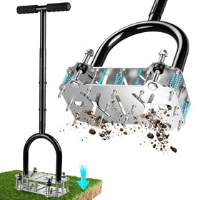 Bsteciar manual lawn aerator with steel spikes for deep soil penetration.