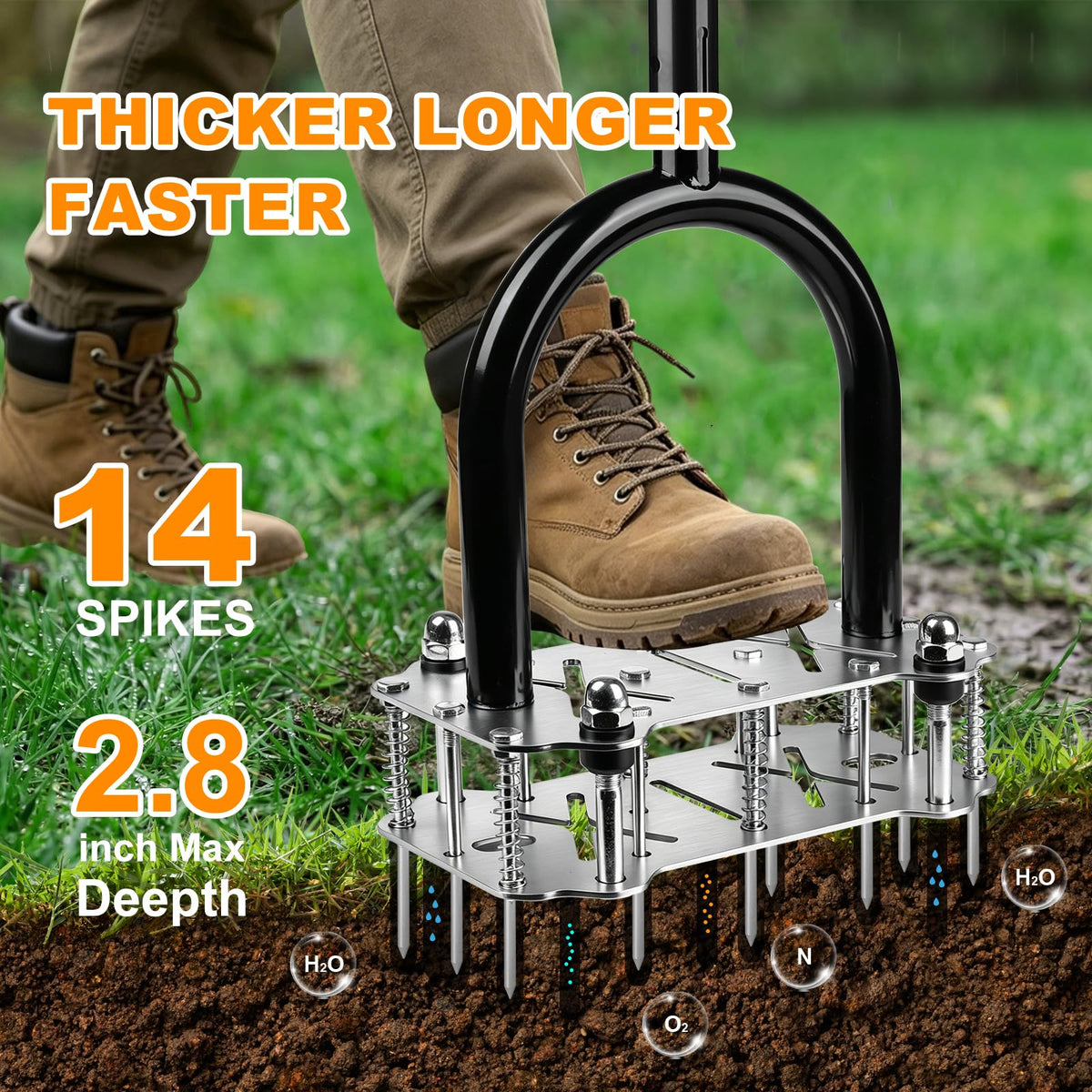 Bsteciar aerator highlights spring-loaded soil ejection for easy cleanup.