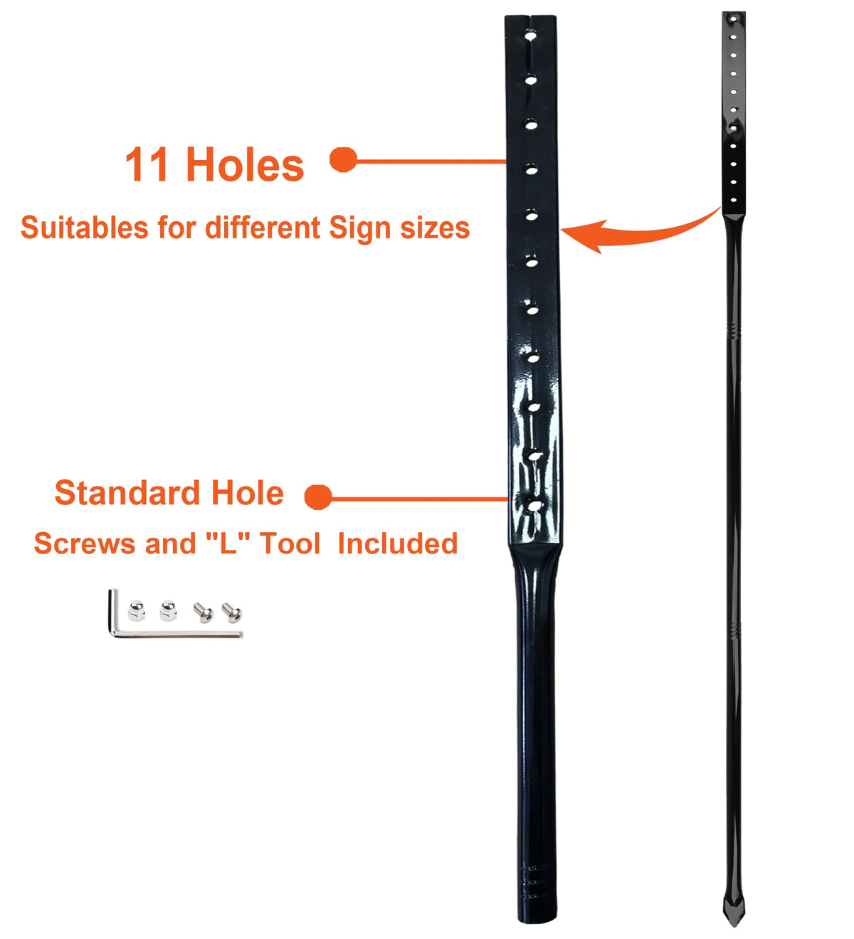 Bstersign stake with pre-drilled holes allows adjustable sign height.