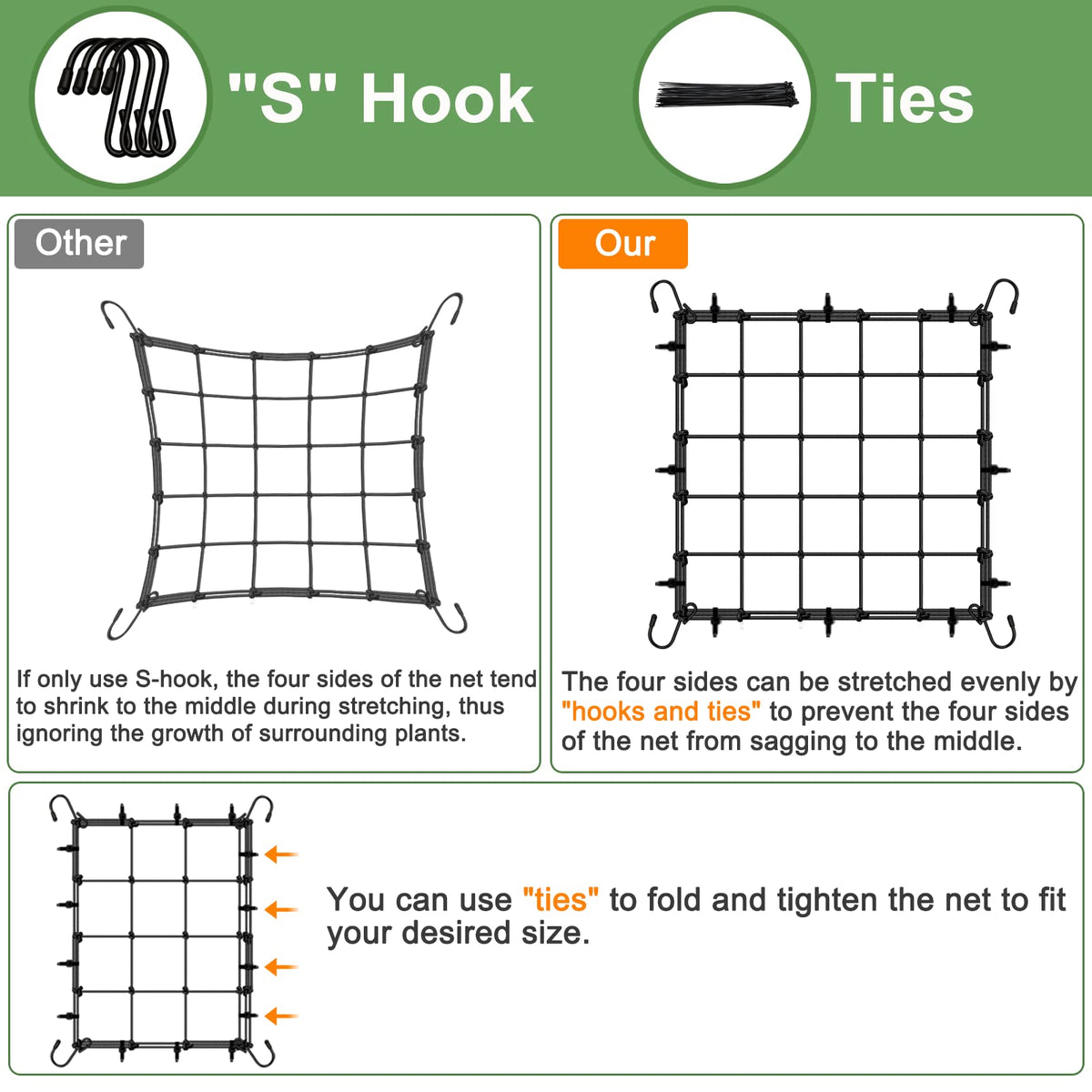 BSTPCOO Scrog Net with S hooks and ties keeps setup tidy.