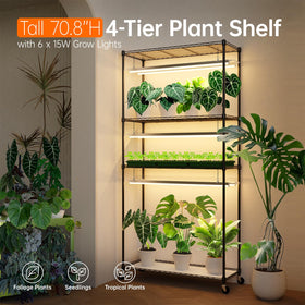Bstrip 4-tier frame highlights sturdy construction for seedlings and tropical plants.