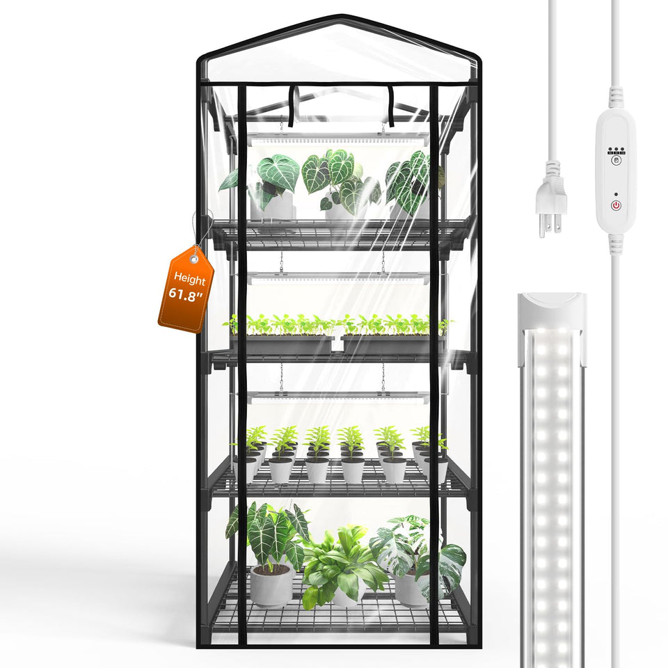 Bstrip Indoor Greenhouse front view with four shelves for seedlings.