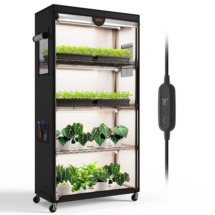Bstrip indoor greenhouse setup highlights four-tier shelves for seedlings