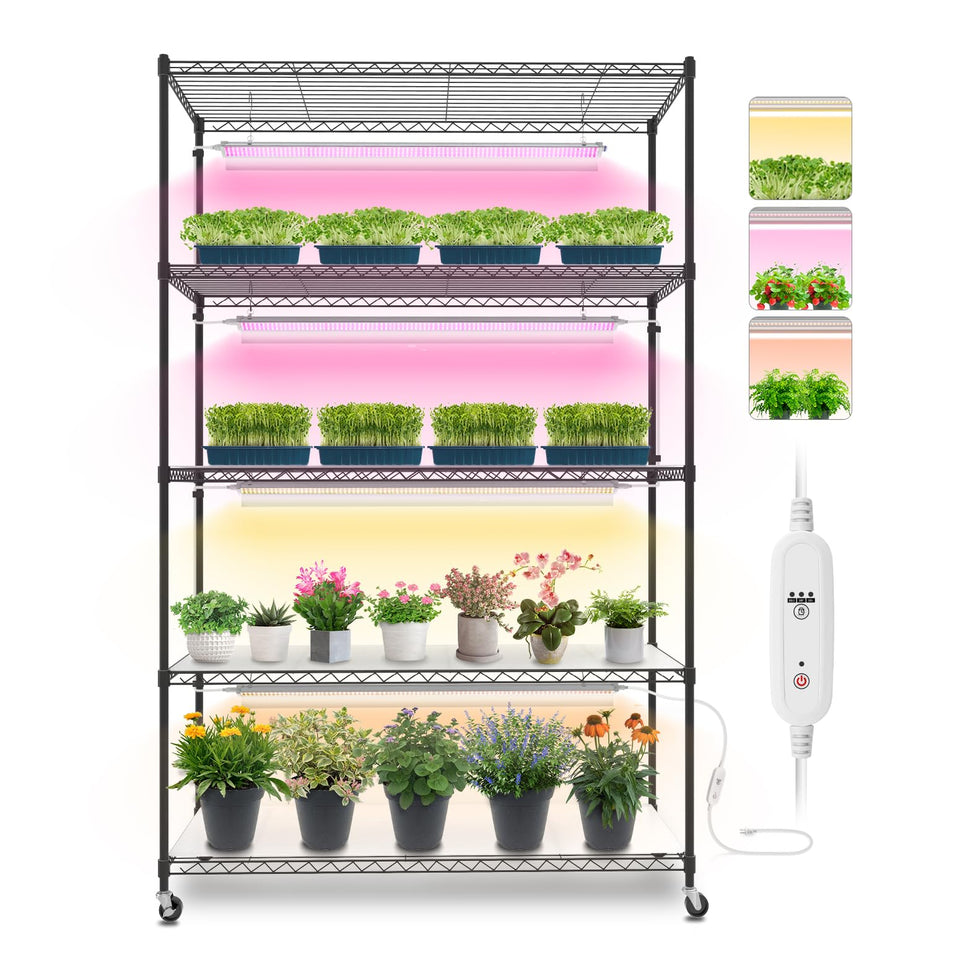 Bstrip Plant Stand with Grow Lights front view highlighting a spacious five-tier arrangement for seedlings.